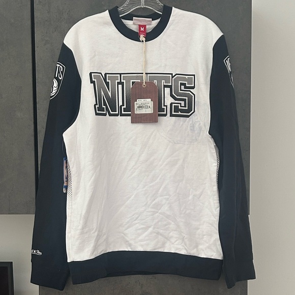 Mitchell & Ness NBA Nets Brooklyn Black White Crewneck Sweater NWT men’s Sz M - Picture 2 of 15